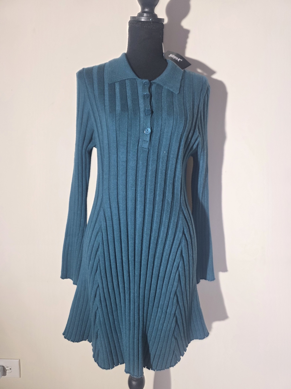 Teal Rib-Knit Polo Sweater Dress (Size L)